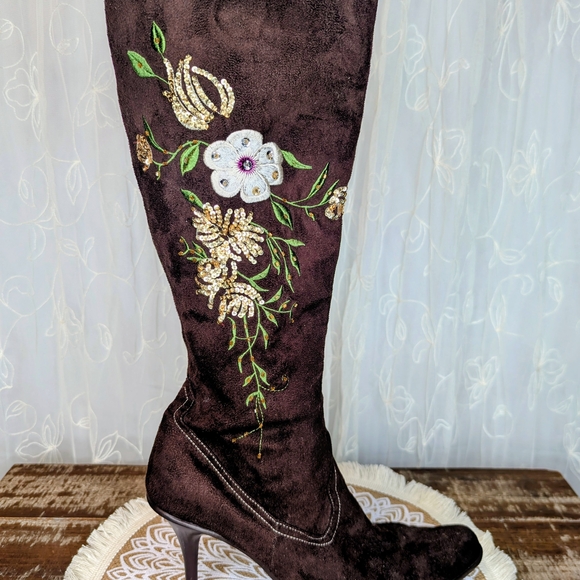 "Splash" Brown Embellished & Embroidered Floral Heeled Boots - Picture 10 of 12